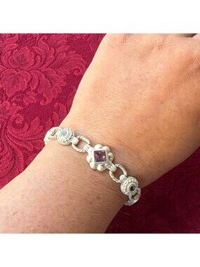 Vintage 925 Sterling Silver Amethyst Blue Topaz Rope Link Tennis Bracelet 7.5"